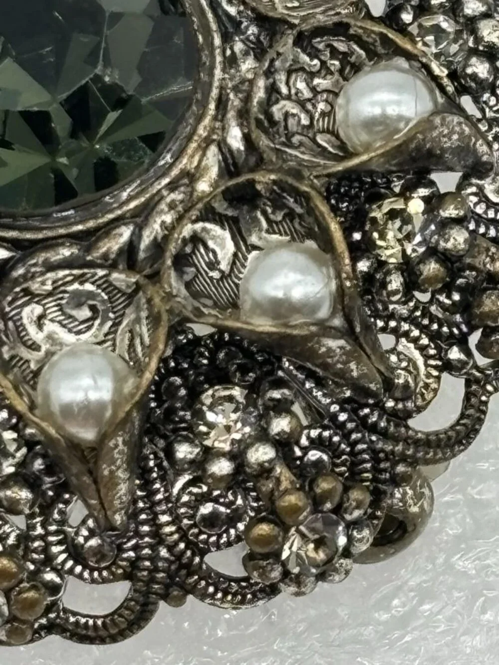Vintage West Germany High Dome Brooch W/Crystal Faux Pearls Filigree Silver-Tone